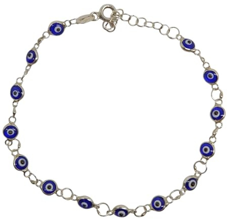 MYSTIC JEWELS - Pulsera de Plata de Ley 925 con Ojitos de la Buena Suerte, 14 Ojitos de 4 mm, con Extensión de Cadena