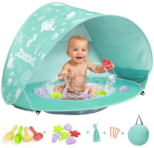 Zooawa Tienda Playa Bebe, Pop up Tienda de Bebé con Piscina, Refugio Solar Carpa Playa Bebe Plegable Portátil Protección Sol para Infantil con Juego de Juguetes de Arena de Playa, Menta Verde