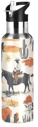 Sevdomey Borraccia western cowboy con coperchio con cannuccia, 590 ml, in acciaio inox, isolamento sottovuoto, per sport, ciclismo, escursionismo, palestra, scuola a casa
