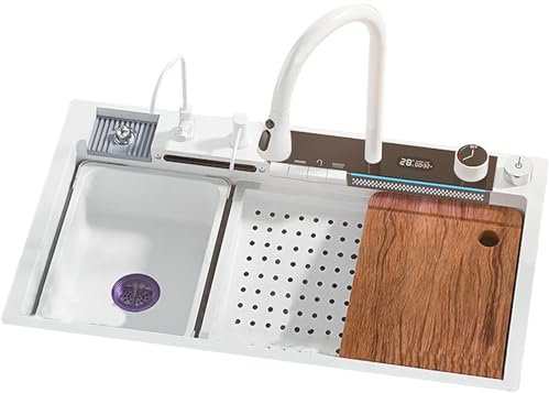 Fregadero de cocina inteligente multifunción Fregadero de cocina en cascada blanco Fregadero de doble agua Fregadero con pantalla digital Fregadero de acero inoxidable 304 (Color: Blanco, Ta