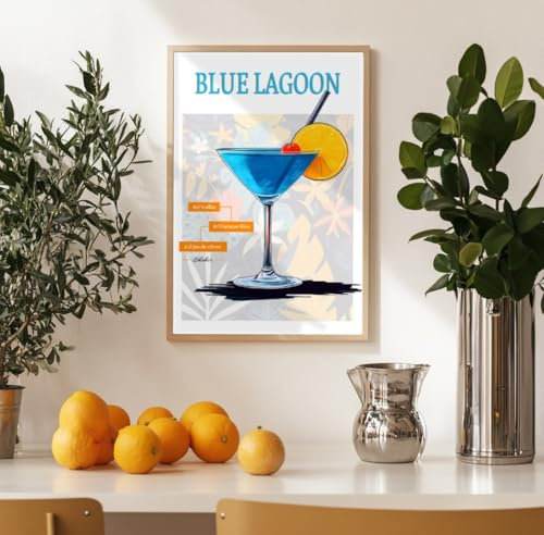 Générique Poster cocktail Blue Lagoon. Affiche cocktail bleu et orange. Verre à cocktail, verre à martini. Décoration de bar et de cuisine. (40x60)