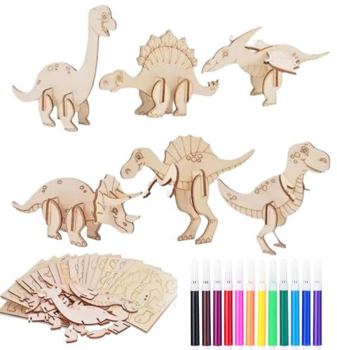 LAJUP Dinosaurier Holz Bastelset, 18 Stück Drachen Geburtstag Bastelset Mit Farbstifte, 3D Puzzle Dinosaurier Bastelset, Dino Holz Basteln Kinder Für Mädchen/Jungen Diy Geburtstag Handwerk