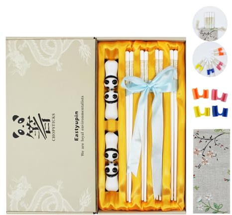 Eastyupin Essstäbchen aus Keramik×4 ,spülmaschinenfest ,stäbchen zum essen sush,Essstäbchen-Hilfsclip × 4, Stäbchenhalter in Panda-Form x 4，Rutschfest Japanische chopsticks (Keramik, L)