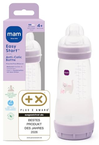 MAM Easy Start Anti-Colic Babyflasche 320 ml, 4+ Monate, Gr. 2, Katze | Selbst-sterilisierend in der Mikrowelle in 3 Min, Anti-Kolik-Bodenventil, brustähnlicher SkinSoft Sauger, ab 4 Monaten