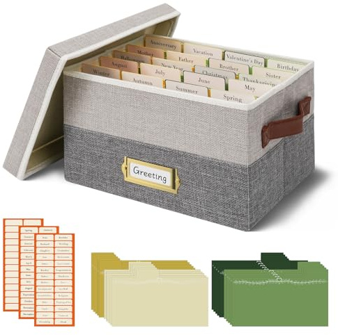 Vienrose Greeting Card Organizer Box with 20 Removable Dividers, 84 Self-Adhesive Labels, Foldable Storage Box Great for Greeting Cards, Photos, Envelopes, Stickers, Postcards Light Grey&Dark Grey