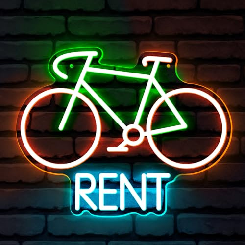 RENT Fahrrad-LED-Schild, Neon-LED-Schild, Wanddekoration, USB mit mehreren Helligkeitsmodi, Acryl, Neonlicht, geeignet für Wohnzimmer, Büro, College, Club, Geschäft, Fahrradverleih, Geschäfte