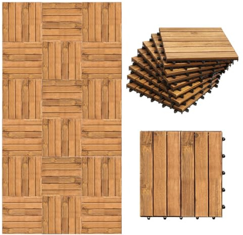 Jaxguom Holzfliesen Balkon 30x30cm, Akazienholz Terrassenfliesen 44Stück 4㎡,Balkon Bodenbelag(6 Latten),Terassenboden Außen,Klickfliesen Terrasse Mosaik für Garten Patio