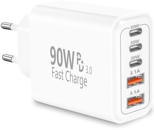 Rombica USB C Ladegerät, 90W 5Port Schnellladegerät USB-C + USB-A Netzteil | 3PD 3.0 Power Adapter Fast Charger Mehrfach Ladestecker für iPhone 17 17 Pro Max 16 Pro 15 14 13 12 11, iPad, Samsung, Handys