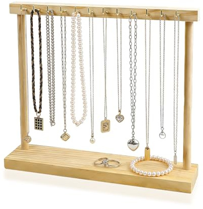 wlsvega SchmuckstäNder Holz - Ketten Aufbewahrung,Mit 12 Haken | KettenstäNder Schmuck,Stabiler Rechteckiger Basis, Geeignet FüR Zuhause, Schlafzimmer oder Schminktisch (Holzfarbe)