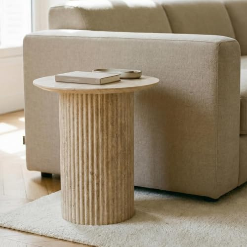 IDIMEX Beistelltisch TEBUR, rund 45 cm in Travertinoptik, Beige - Couchtisch mit Stabiler MDF-Tischplatte, Wohnzimmertisch im geriffeltem Design, Coffee Table für minimalistische Einrichtungsstile.