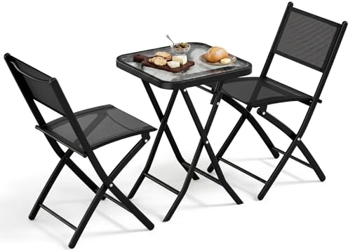 LIFERUN Juego de Muebles de Balcón Plegable, 3 Piezas, Resistente a la Intemperie, con Tablero de Cristal y Sillas de Textileno, 1 Mesa Plegable con 2 Sillas Plegables, Negro