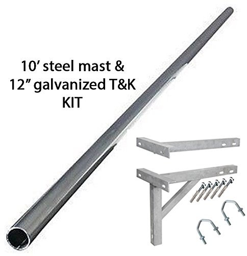 10' ft feet / foot 3m STEEL mast 1.5 aerial mounting mast pole and 12 Galvanized T&K wall bracket fixing KIT