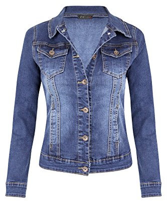 shelikes Women's Jackets Casual Summer Jacket Mid Wash Denim Long Sleeve Button Up Slim Fit Jean Jacket With Collared Neckline And Pockets For Ladies Girls