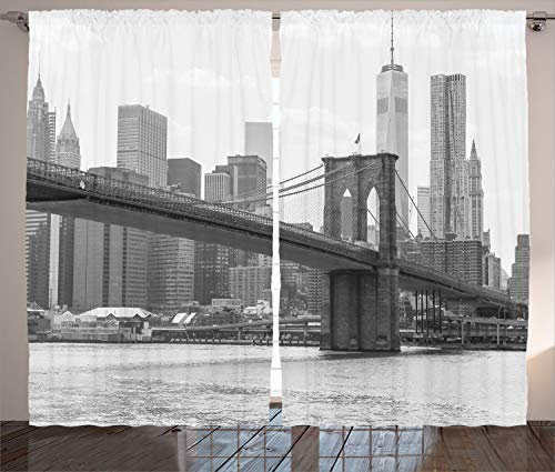 ABAKUHAUS New York Rustikaler Vorhang, Brooklyn Bridge USA, Wohnzimmer Universalband Gardinen mit Schlaufen und Haken, 280 x 225 cm, Weiß Grau