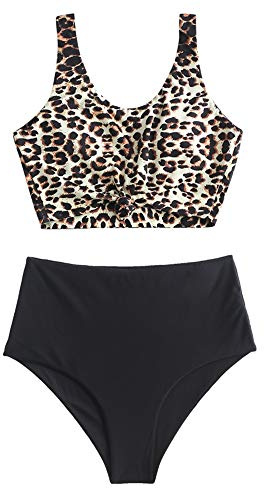 ZAFUL Zweiteiliger verknotet Tankini Beachwear Set, einfarbiger gepolsterter Badeanzug mit Schulterträger & Badehose mit Tropisches Blattmuster für Damen (Leopardenmuster, M)