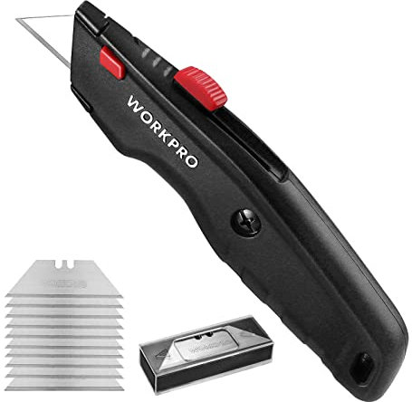 WORKPRO Coltello di Sicurezza, Coltello Retrattile, Coltello Taglierino con 10 Lama di Ricambio a Cambio Rapido, Nero