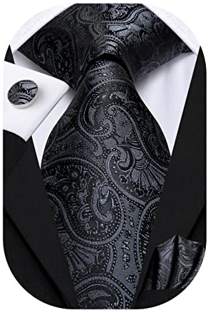 Hi-Tie Mens Tie Set Silk Black Paisley Necktie with Pocket Square Cufflinks Set Formal Necktie for Wedding Business