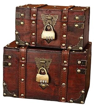 MVSR Holz Schatztruhe, Kinder Schatzkiste, Holztruhe, Piratenkiste, Aufbewahrungsbox Deko, Handgemachte Holzbox mit Deckel und Metall schloss, Verschieden Größen… (2er-Set)