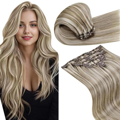 LaaVoo Clip in Extensions Echthaar Blond 40cm 120g Remy Echthaar Extensions Clip Hellbraun mit Platinblond für Frauen 7Stück #8/60