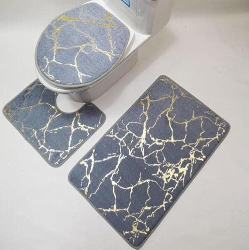JOSGACRS Grey and gold Bath Mat Rug Non-Slip 3 Pc Set marble Toilet Seat Cover Bath Mats Lid Cover Bath rug Contour Mat Family Home Decor, Grey Marble Mat