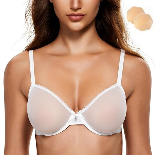 Wingslove Soutien-Gorge Transparentavec Armature Sexy Sein Nu Dentelle avec 1 Paire AdhéSif Cache-TéTons