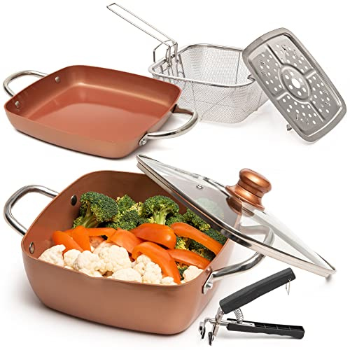 Moss & Stone Lot de 6 poêles à frire profondes avec panier à frire et poêle | Batterie de cuisine en cuivre 24,1 x 8,9 cm, 5 litres, poêle à frire antiadhésive, grille vapeur, couvercle en verre