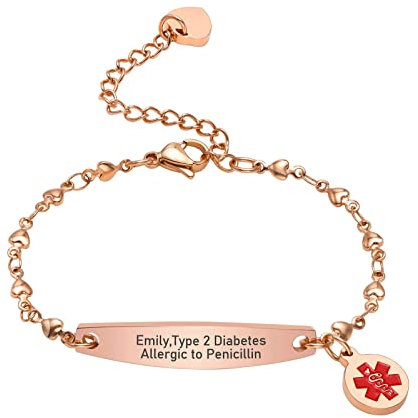 Notfallarmband Medizinisch Damen Personalisiert Uhrenarmband:VNOX Roségold Personalisiertes ID Armbänder mit Gravur Verstellbares Medizinischer Armband aus Edelstahl Frauen