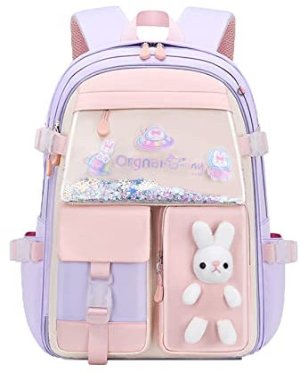 WANWEN Hasen Rucksack, Kawaii Hasen-Rucksack für Mädchen, Hasen-Rucksack für Mädchen, Bad Bunny-Rucksack, Großraum-Rucksack-Set für Vorschule, Grundschule (Purple,Large)