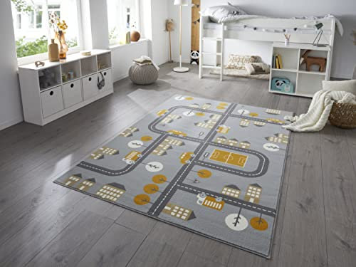 Hanse Home Teppich Kinderzimmer Kinderteppich Town – Junge Mädchen Spielteppich Kurzflor Teppich Modern Spielstraße Straßenmotiv, Weicher Flor, Pflegeleicht - Mouse Senfgelb, 120x170