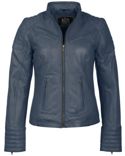 URBAN 5884 Chaqueta de Cuero para Mujer, Chaqueta de Auténtica Piel de Cordero, Corta y Ajustada, Cuero Liso y Suave, Azul, M