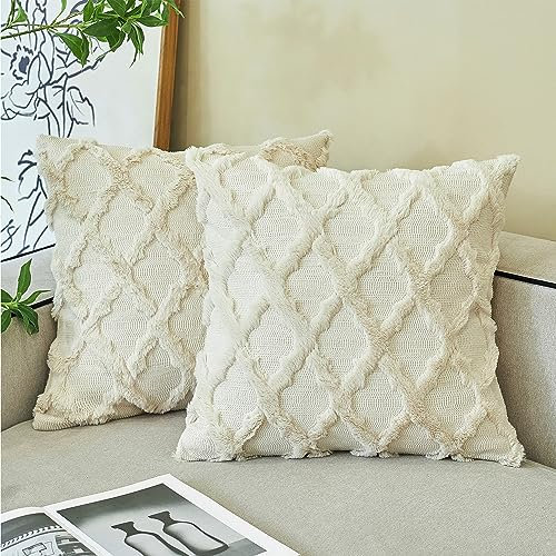 Ci & Ci 2er Set Boho Deko Kissenbezug 50x50 cm, Beige Kissen Sofakissen Dekokissen Zierkissen, Flauschig Kissenbezüge Kissenhülle für Sofa Couch