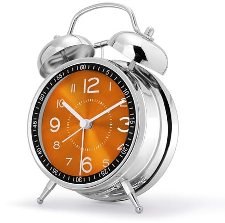 Lafocuse Wecker Laut für Tiefschläfer mit Ohne Ticken, Doppelglockewecker, Batteriebetrieben, mit Nachtlicht, Metall Orange Groß Tischuhr für Nachttisch Schlafzimmer Kinder Erwachsene Senioren 16cm