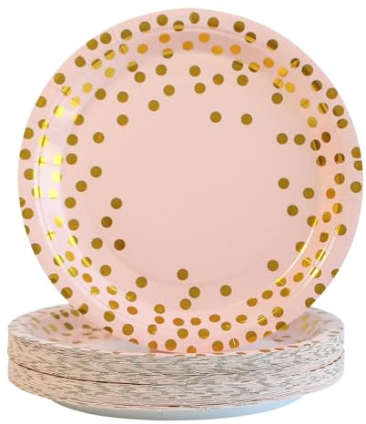 BOKFJBP 50PCS Pink Paper Plates, 7inch/18cm Gold Polka Dots Party Dessert Plate Birthday Decorations Tableware Dinnerware Supplies for Kids Girls Women Graduation Wedding Anniversary Picnics