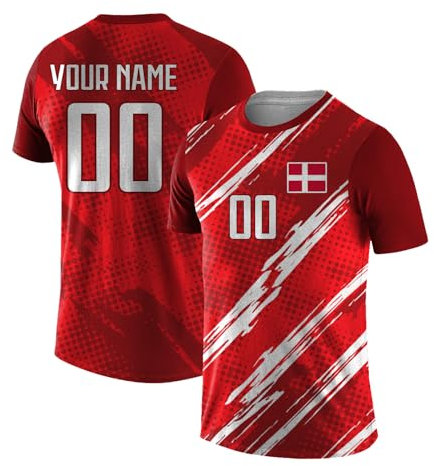 Yolovi Personalisiertes Fussballtrikot mit Namen Nummer Drucken Nationalflagge Sport Casual Trikots Fussballshirts für Herren Damen Jugendliche Denmark