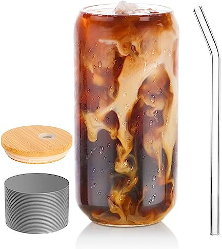 BEWAVE Vaso para beber, vasos con forma de lata de 16 onzas, vasos de café helado, vaso de cerveza, para whisky, refrescos, té, jugo, regalo, con tapa, popote y manga, 1 unidad