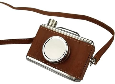 Whisky Alkohol Flachmann,MäNner Frauen Kamera Form 11 Unzen Lebensmittel sicher Edelstahl-Hüfte-Flasche mit Holz Leder umwickelt Alkohol: Alkohol Whisky Personalisiert