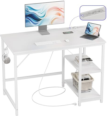 JOISCOPE Ergonomischer Home-Office Schreibtisch mit USB & Type-C Anschluss, 100x60 cm, Weiß Optik, Multifunktionaler Computertisch für Gaming und Studium, mit Regal