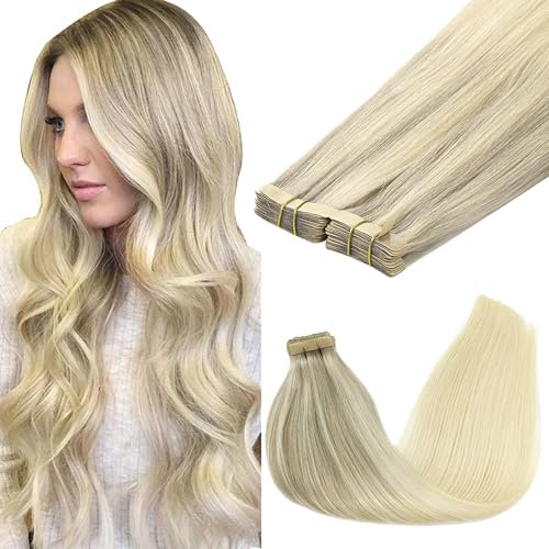GOO GOO Tape in Extensions Echthaar, Tape Extensions Echthaar, 60cm 100g 40pcs, Extensions Echthaar, Haarverlängerung Echthaar, 17/22/60 Aschblond bis Goldblond und Platinblond