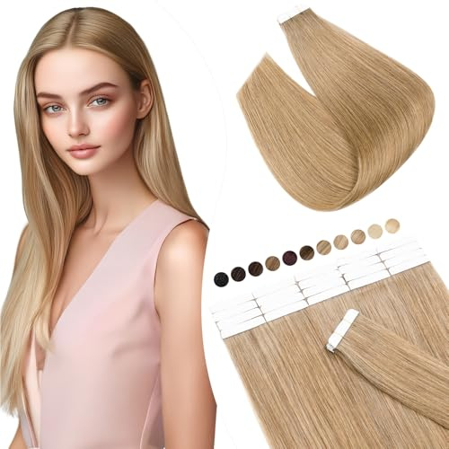 Elailite Extensions Echthaar Tape #27 Honigblond, 20 Stück/Packung Real Human Hair, 45cm Indian Haar Invisible Klebe 50g