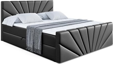 ALTDECOR Boxspringbett mit Matratze und Lattenrost, Boxbett, Topper, Fußteil, Polsterbett mit Bettkasten, Bett mit Stauraum H4-Matratze, Springboxbett - MILTIO-Z - 140x200 - Schwarz Kunstleder