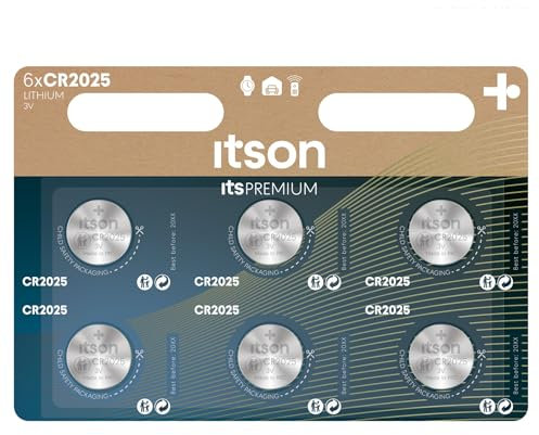 ITSON, CR2025 battery, 3V, coin lithium battery, pack of 6, best for car keys, watches and heart rate monitors