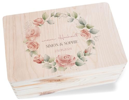 Holzkiste Erinnerungsbox - Erinnerungskiste Unsere Hochzeit mit Rosen Blumenkranz personalisiert | Geldgeschenk Hochzeitskiste Brautpaar Erinnerungen - 30 x 20 x 14 - Holz