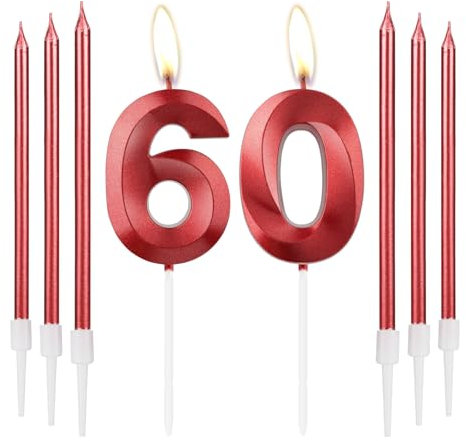 mciskin Red 60 Birthday Candles-3D Design Number 60 Candle for Cake with 6pcs Long/Thin Candles Set, Red Cake Topper for Women 60th Birthday Decorations Supplies,60th Wedding Anniversary Decorations