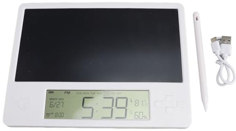 Electronic Calendar with Notepad, Rechargeable Desktop Calendar, LCD Writing Tablet with Foldable Stand, Time Date Temperature Humidity Display