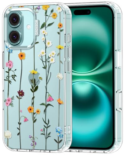 MOSNOVO Case for iPhone 16, [Buffertech 6.6ft Military-Grade Drop Protection] [Anti Peel Off Tech] Clear TPU Bumper Phone Case Cover Design - Wildflowers