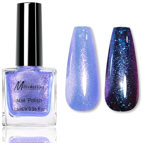 Blue Holographic Nail Polish - Glitter Color Changing Nail Varnish - Blue Base Refective Purple Shimmer Chameleon Nail Polish Quick Dry - No Need UV DIY Manicure Nail Art at Home
