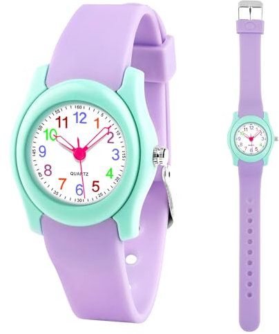 Edillas Kinderuhr Analog für Jungen Mädchen,wasserdichte Armbanduhr Jungen Mädchen Kinder Kleinkind zum Leicht zu lesen Lernen Zeitschule mit Weichem Riemen Lernen Uhren (Lila-8841)
