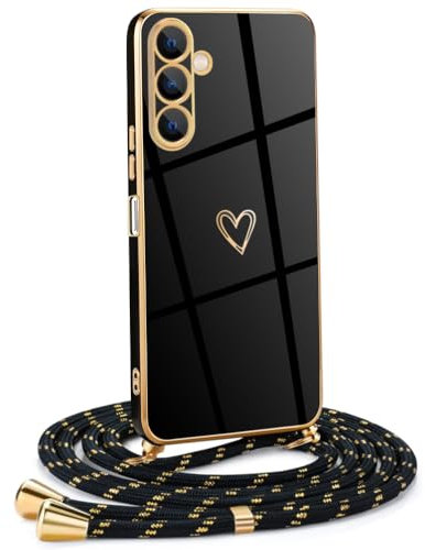 Mkej Funda para Samsung Galaxy A16 5G con Cuerda, TPU Suave Silicona diseño de corazón con Chapado en Oro de Lujo, Funda Samsung Galaxy A16 5G Cuerda para Mujeres y niñas, Oro Negro