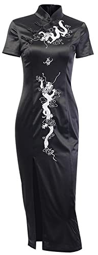 YINGWIN Cheongsam Robe moulante de style asiatique avec col montant et imprimé dragon, robe longue, style gothique, belle robe chinoise fine fendue, 1 noir + motif loong, M