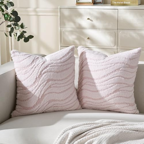 Set di 2 Federe per Cuscino per Divano Increspature d'acqua in Finta Pelliccia Decorazione Deluxe per Divano Casa Camera da Letto Federa in Peluche Super Morbida 45 x 45 cm Rosa Fibra di Poliestere
